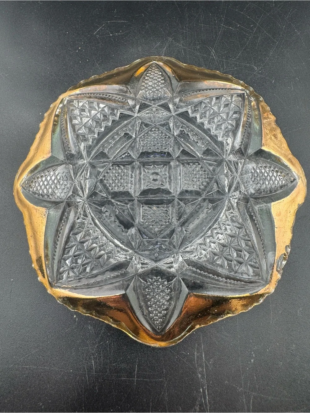 Antique EAPG Butter Dome with Star Motif - Clear and Gold Trim